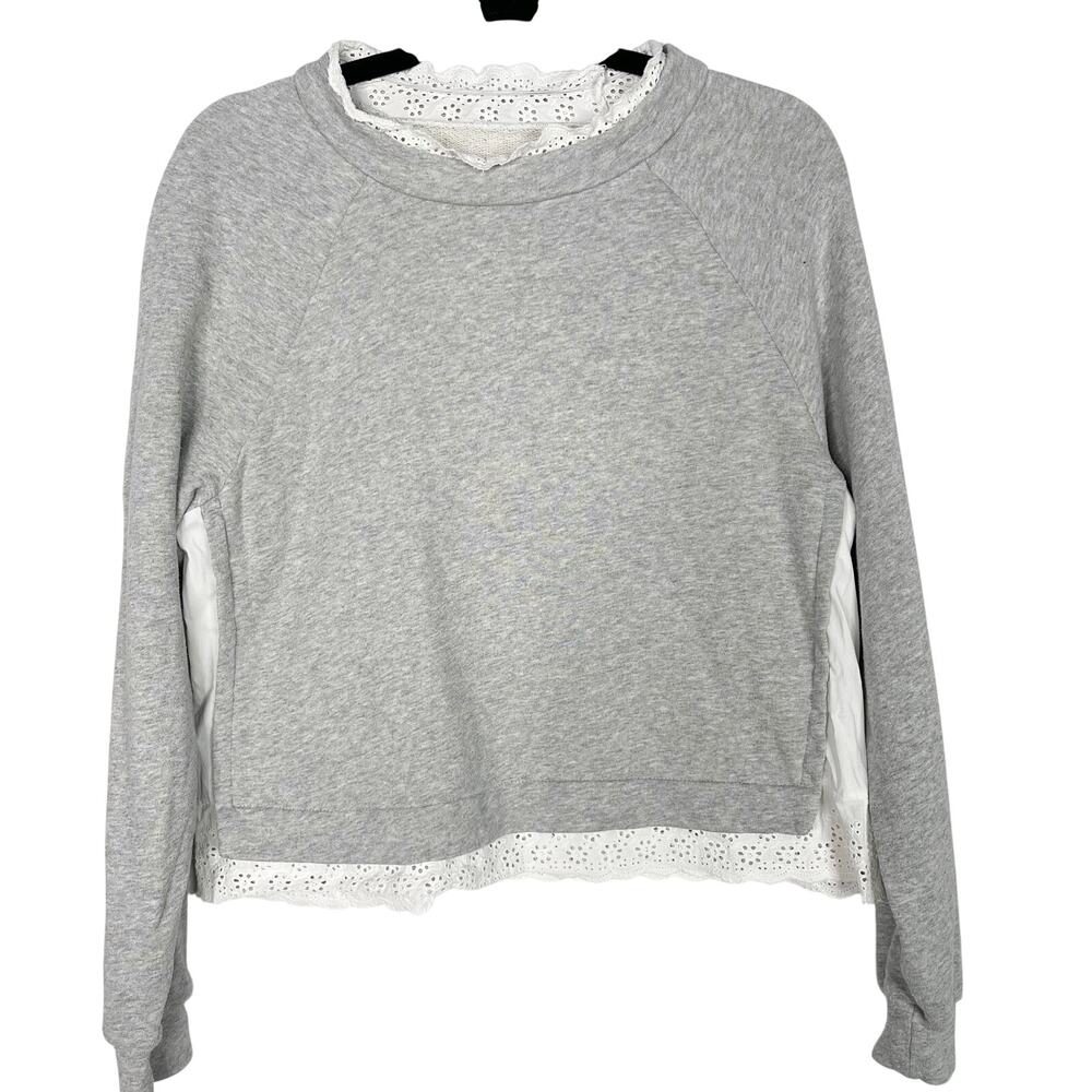 La Vie Rebecca Taylor Small Gray White French Terry Pullover Ruffle Eyelet Neck